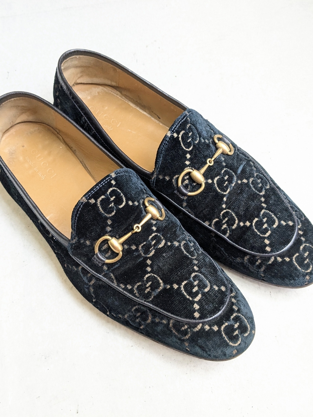 Gucci Men's Dark Blue Velvet Horsebit Loafers Men US 13 Monogram GG Logo